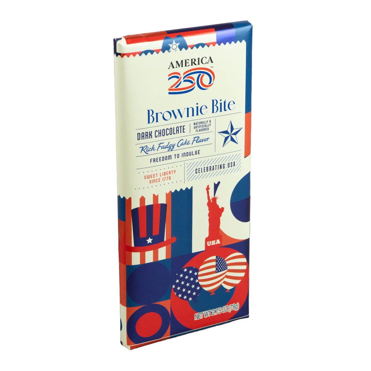 America 250 brownie bite dark chocolate bar with rich fudgy cake flavor